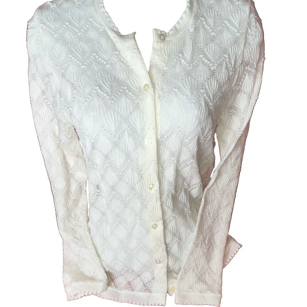 Rochelle California Vintage Women White Knit Button Front Crew Neck Cardigan Swe